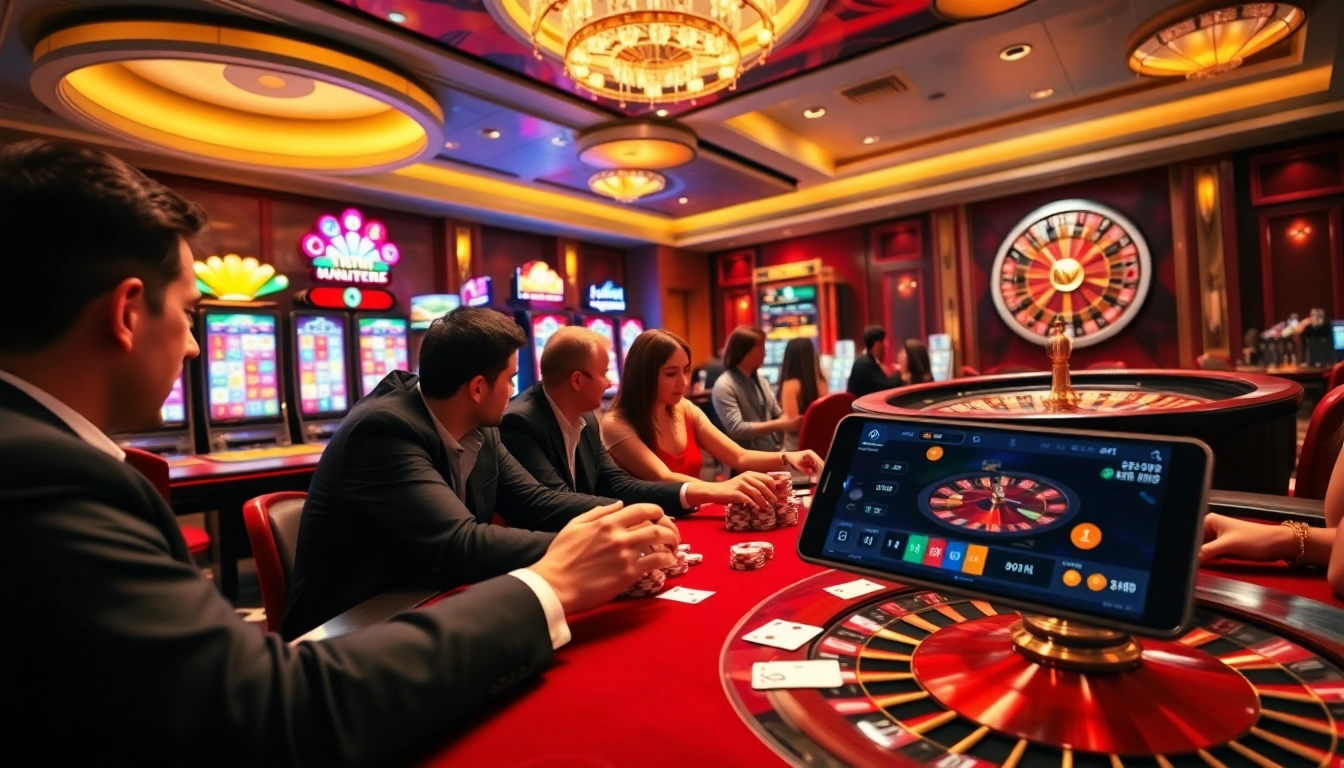 GG88 COM online gambling scene showcasing poker table, slot machines, and roulette wheel.