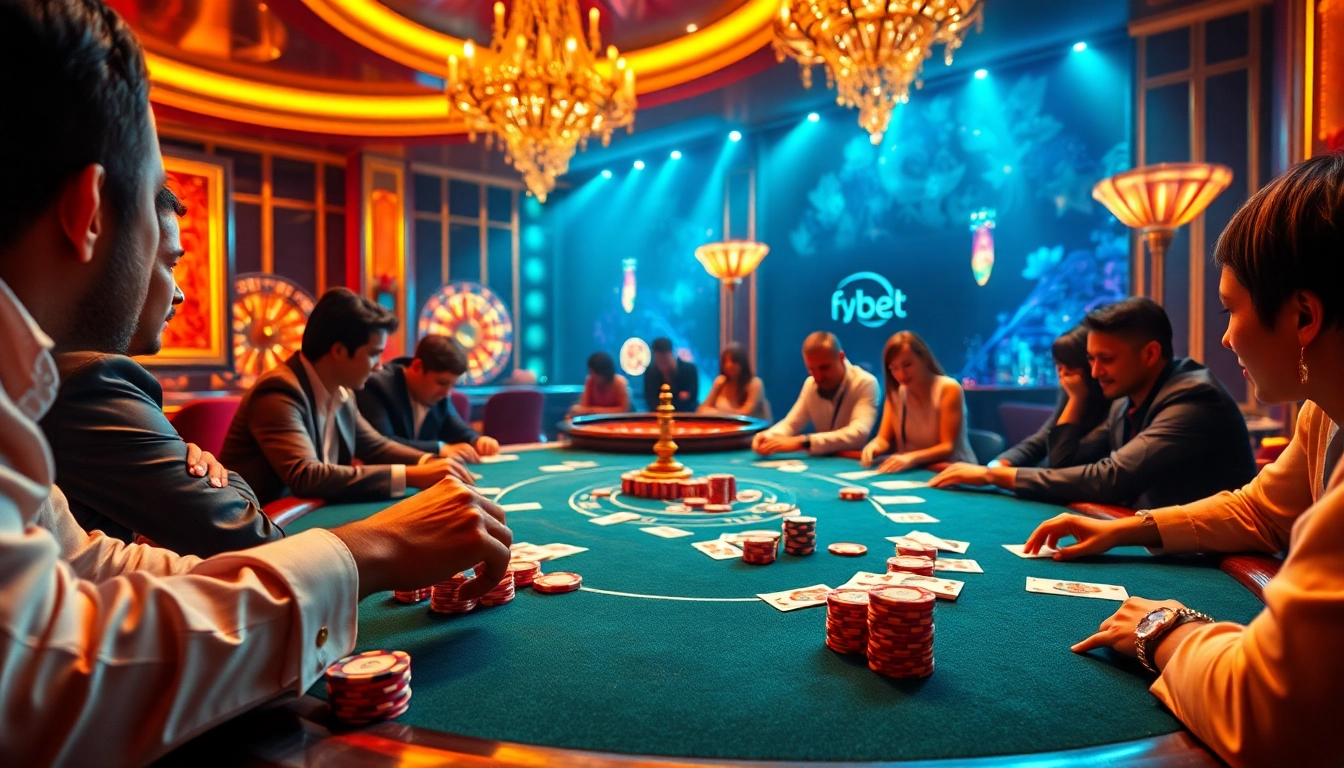 Experience thrilling moments with professional players at https://f8bet.ventures/ poker table amidst vibrant casino atmosphere.