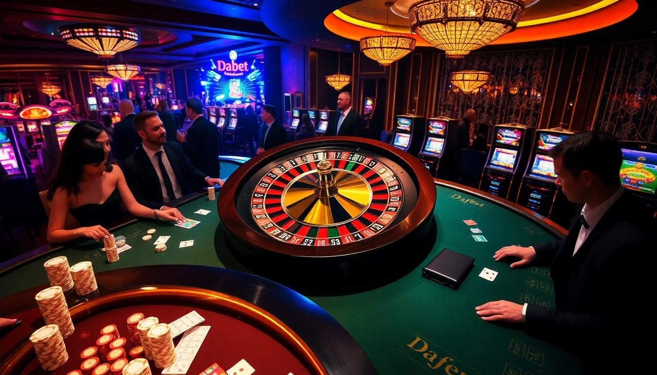 Dabet roulette wheel amidst stylish players enjoying a thrilling game in a luxurious casino.