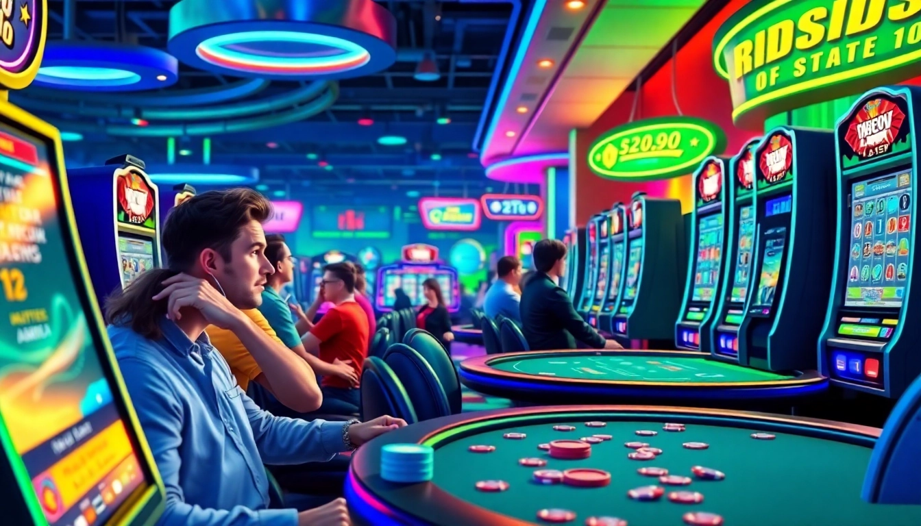 Les joueurs profitent des crypto casinos avec excitation dans une ambiance dynamique et colorée.